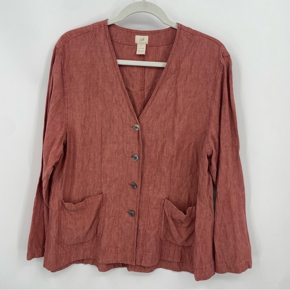 J Jill 100% Linen Red Top Pockets Button Down V Neck Sz L‎